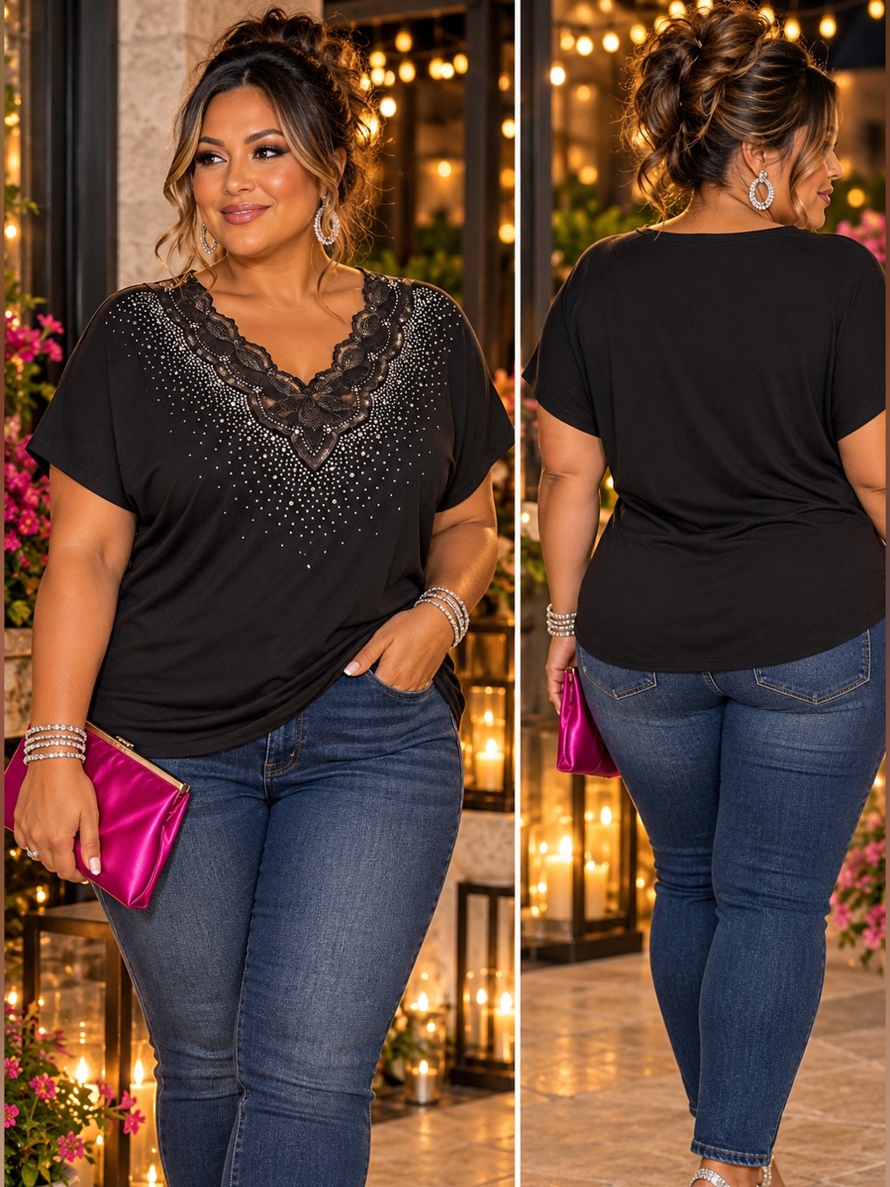 ARONIS Embellished Short Sleeve Ornate Scalloped Lace Top NWOT